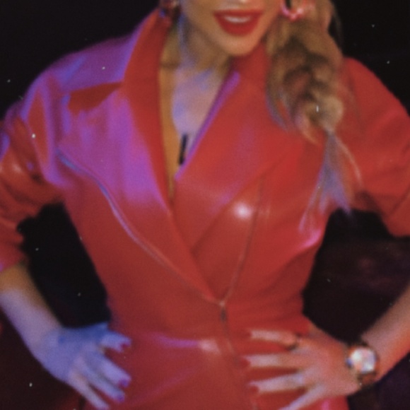 'CARDI-B' Red Vegan Leather Jacket Dress - Picture 3 of 12